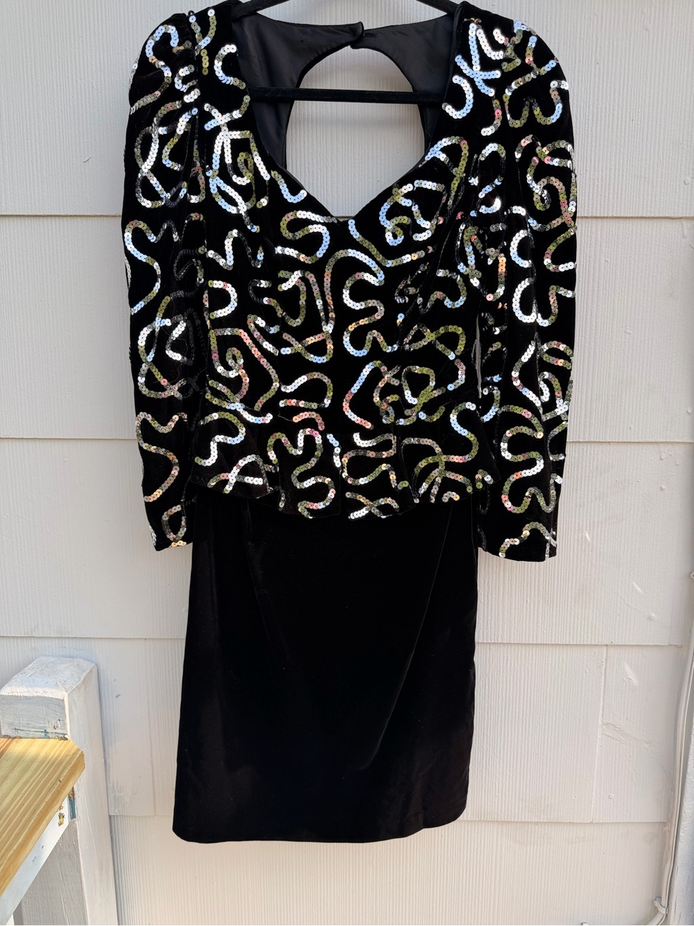 1980s Vintage Black Velvet Midi Dress with Iridescent Sequin Retro Formal Punk